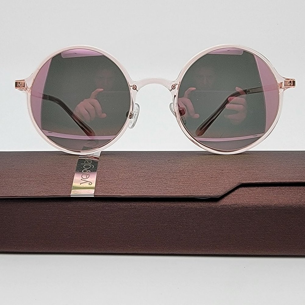 YesGlasses Lemon Transparent Pink Frame Pink Mirror Lens Round Sunglasses w Case